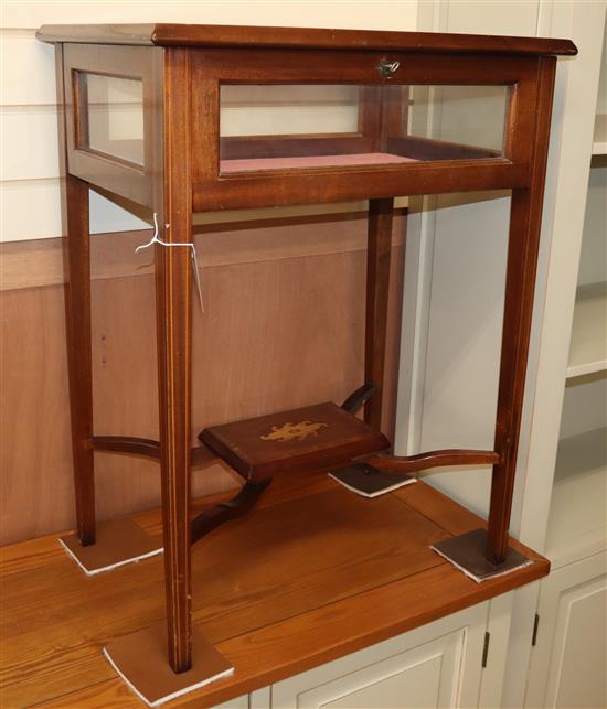 An Edwardian style banded mahogany glazed bijouterie table W.58cm